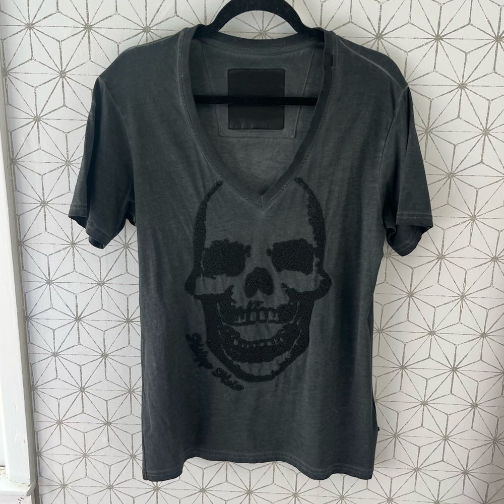 Philipp Plein Men’s Gray V Neck Skull Tee
